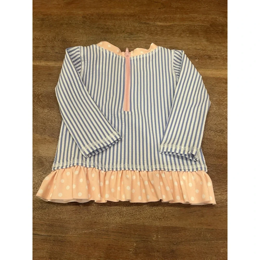 RuffleButts Toddler Girls Seersucker, Long Sleeve Swim Rash Guard Size 6-12 M